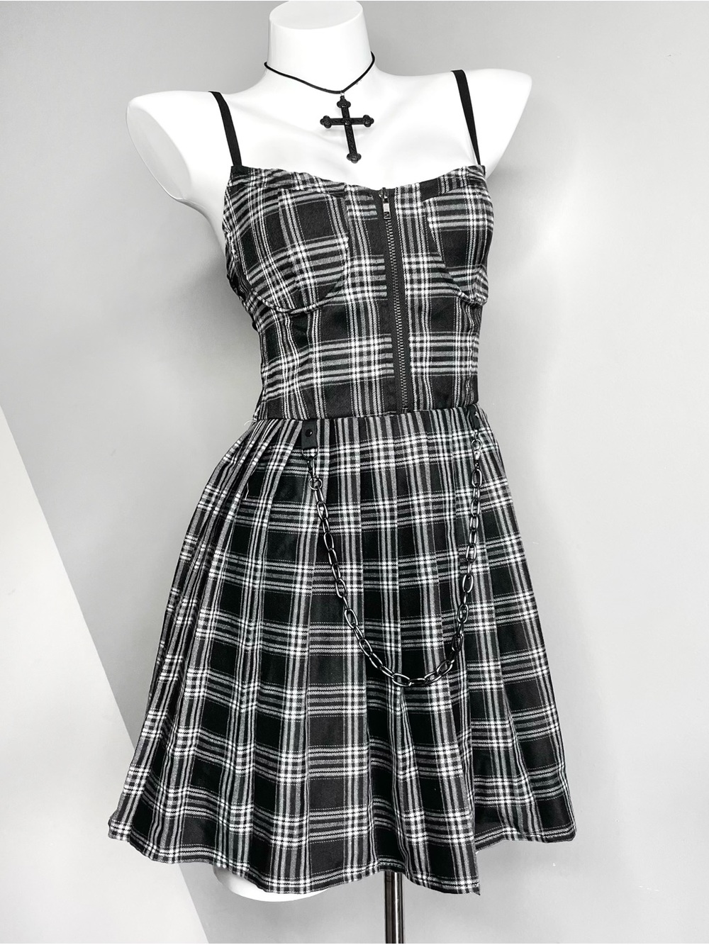 Black and Grey Plaid Spaghetti Strap Punk Mini Dress